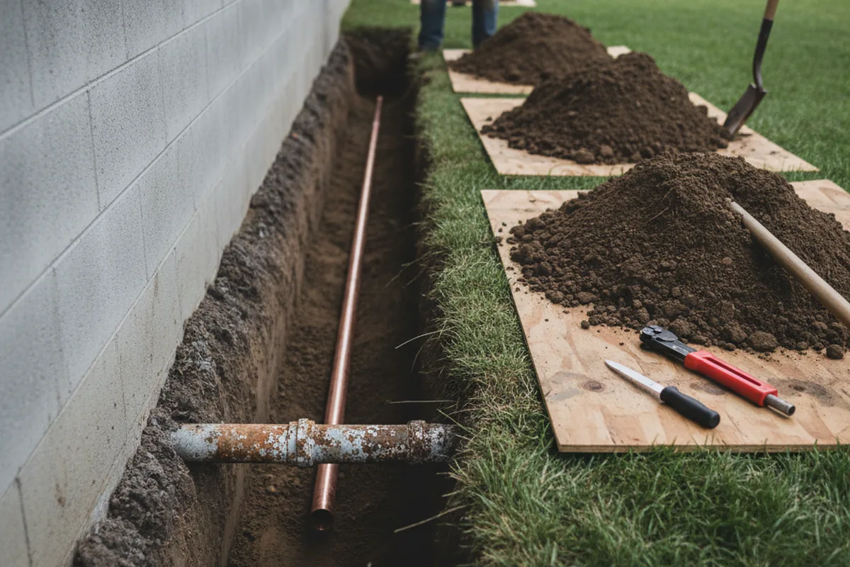 Excavated water line trench during Sewer Line Repair in Olmsted
